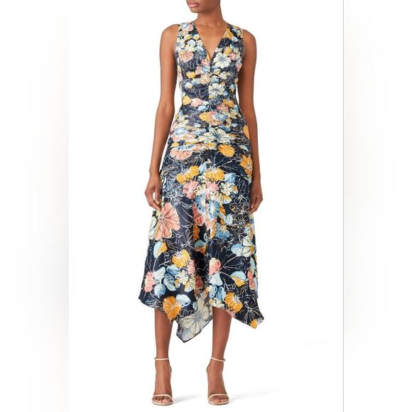 RTR Peter Pilotto Ruched Navy Floral Dress sz6 printed midi v-neck - Picture 1 of 10